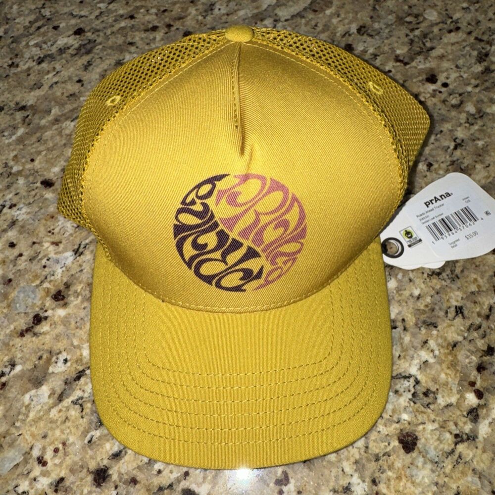 Prana Roads‎ Ahead Trucker Hat Golden Leaf Symbol Snapback Unisex Hat Hiking NEW